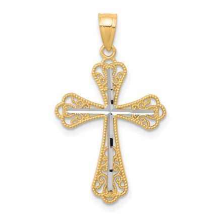 10K w/ Rhodium Diamond-Cut Cross Pendant