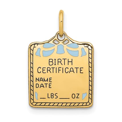 14k Enameled Blue Engravable BIRTH CERTIFICATE Charm