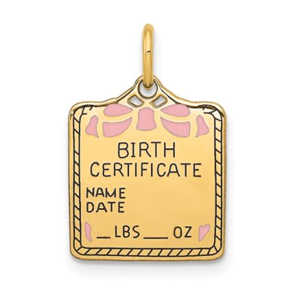 14k Enameled Pink Engravable BIRTH CERTIFICATE Charm