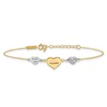 14K Two-tone Puffed MOM Heart and Diamond-cut Beads Bracelet Plus Heart Dangle Extender - Image 3