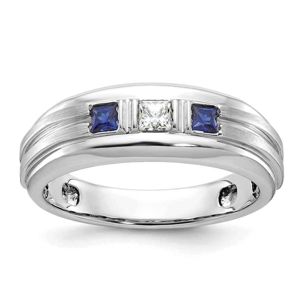 B52049-4WCS_AA-1.jpg IBGoodman 14k White Gold Men's Polished Satin and Grooved Square 1/6 Carat AA Quality Diamond and Lab Created Sapphire 3-Stone Ring - Image 1