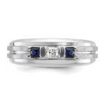 IBGoodman 14k White Gold Men's Polished Satin and Grooved Square 1/6 Carat AA Quality Diamond and Lab Created Sapphire 3-Stone Ring - Image 6