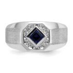 14k White Gold IBGoodman Men's Created Sapphire and 1/20 carat Diamond Satin Complete Ring - Image 6