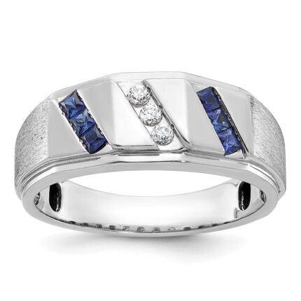 14k White Gold IBGoodman Men's Satin Lab Created Sapphire and 1/10 carat Diamond Complete Ring