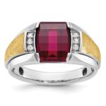 14k Two-tone IBGoodman Men's Satin Created Ruby and 1/20 carat Diamond Complete Ring
