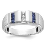 IBGoodman 14k White Gold Men's Polished and Satin 3-Row Lab Created Sapphire and 1/10 Carat AA Quality Diamond Ring