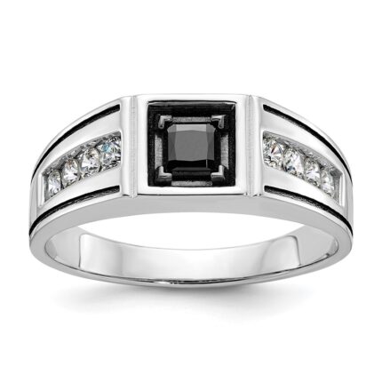 14k White Gold with Black Rhodium IBGoodman Men's Satin 7/8 carat Black and White Diamond Complete Ring