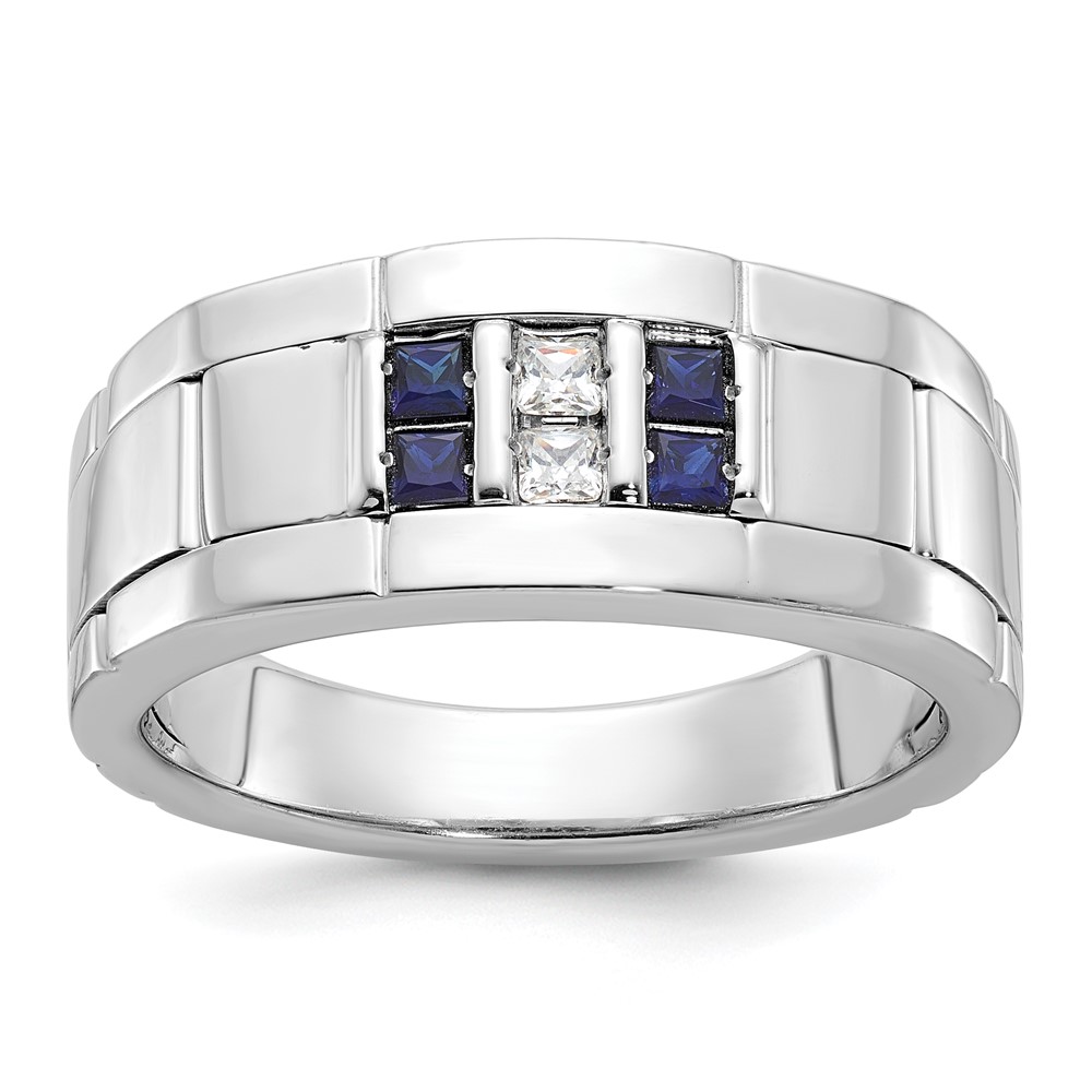 B63934-4WCS_AA.jpg IBGoodman 14k White Gold Men's Polished and Grooved Lab Created Sapphire and 1/10 Carat AA Quality Diamond Ring - Image 1