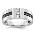 IBGoodman 14k White Gold Men's Polished and Grooved Black and White 1 Carat AA Quality Diamond Ring
