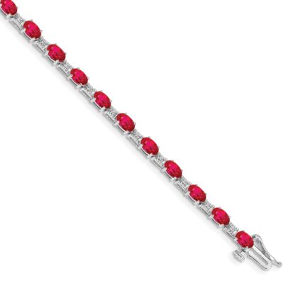 14k White Gold Complete Diamond and Oval Ruby 7 inch Bracelet