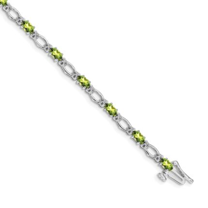 14k White Gold Complete Diamond and Oval Peridot Heart Accent 7 inch Bracelet