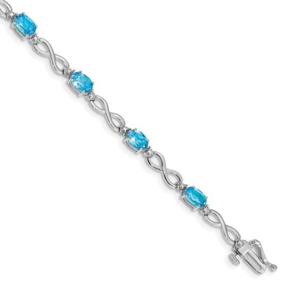 14k White Gold Complete Oval Swiss Blue Topaz and Diamond Infinity Link 7 inch Bracelet