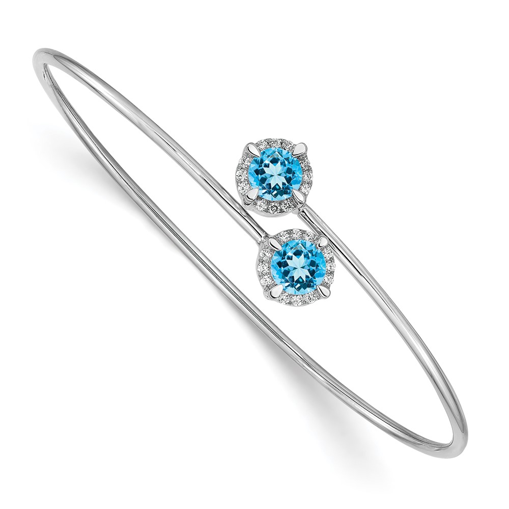 BM4506-BT-012-WA.jpg 14k White Gold Complete Round Blue Topaz and 1/8 carat Diamond Halo Flexible Bangle Bracelet - Image 1