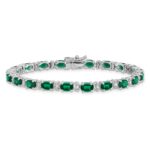 14k White Gold Complete Oval Lab Created Emerald and Diamond 7 inch Bracelet - Image 3