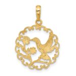 14k Hummingbird with Flower Round Scalloped Frame Pendant - Image 3