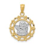14k and White Rhodium Scalloped Frame Cherub Round Pendant