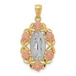 14K Two-Tone with White Rhodium Our Lady of Guadalupe with Flowers Oval Pendant
