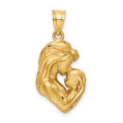 14K Brushed Diamond-cut Mom and Baby Pendant
