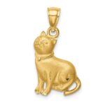 14K Satin Diamond-cut Cat Pendant