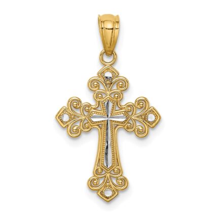 14K with White Rhodium Diamond-cut Cross Pendant