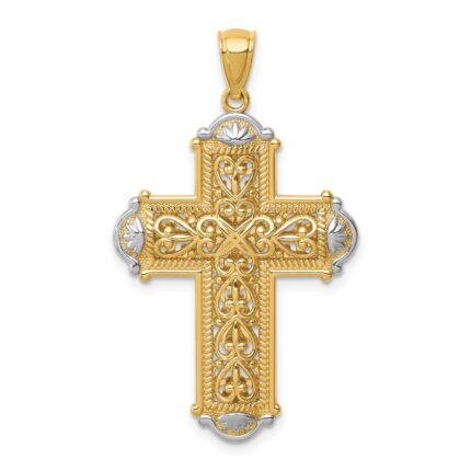 14K and White Rhodium Diamond-cut Reversible Cross Pendant