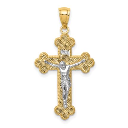 14K Two-Tone with White Rhodium Inri Budded Crucifix