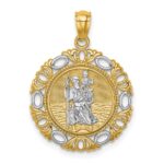 14K and White Rhodium Solid St. Christopher Medal Fancy Edge Round Pendant