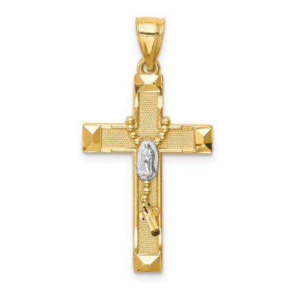 14K and White Rhodium Solid Cross with Rosary Pendant