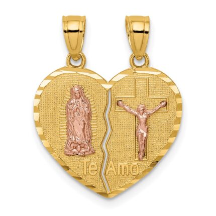 14K Two-tone Reversible Spanish Solid Our Lady of Guadalupe and Crucifix TE AMO Break-apart Heart Pendant