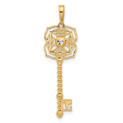 14k and White Rhodium Diamond-cut Floral Key Pendant