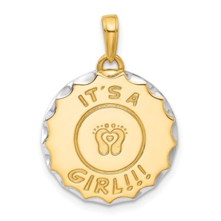 14k and White Rhodium Diamond-cut It's A Girl! Disc Pendant