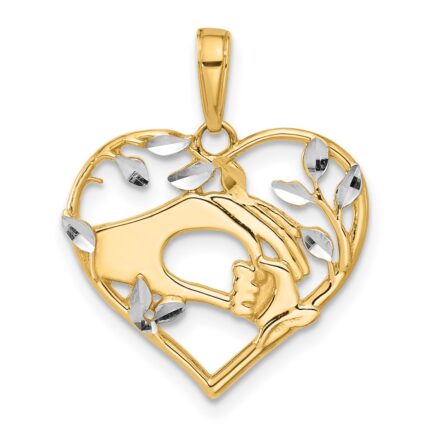 14k and White Rhodium Diamond-cut Mother and Child Hands in Heart Pendant