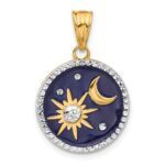 14K and White Rhodium Diamond-cut Blue Enameled Sun and Moon Pendant