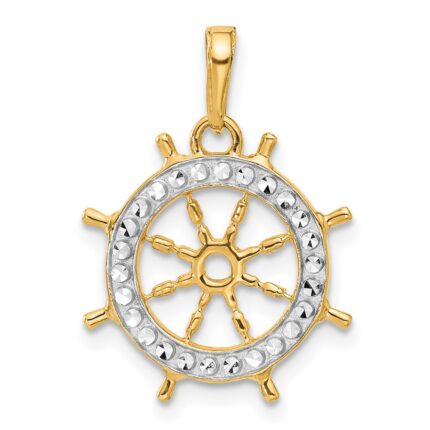 14k and White Rhodium Diamond-cut Ship's Wheel Pendant