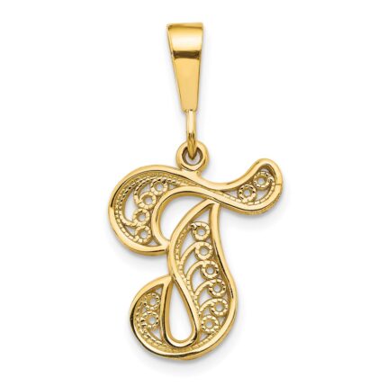 14KY Polished Script Filigree Letter T Initial Pendant