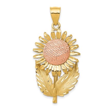 14k Two-tone Sunflower with Leaves Pendant