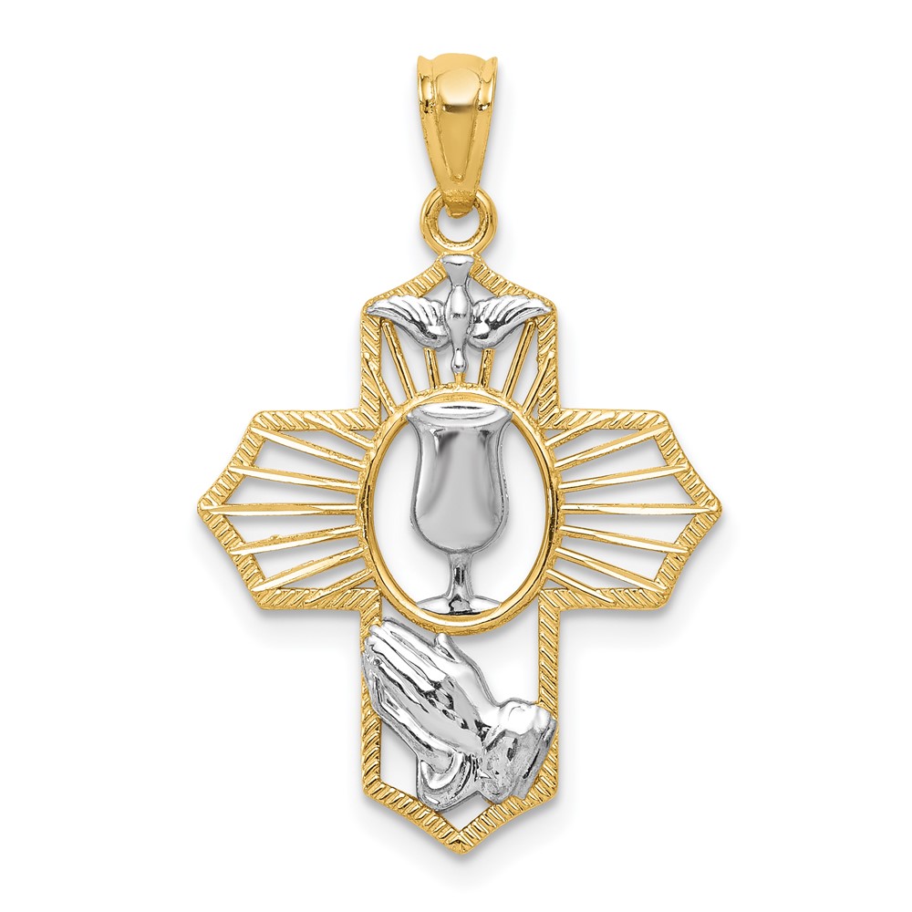D3735.jpg 14k and White Rhodium Communion Cross with Dove and Praying Hands Pendant - Image 1