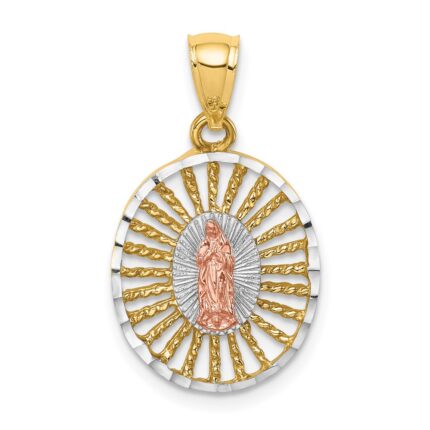 14K Two-tone and White Rhodium Polished Our Lady of Guadalupe Oval Pendant
