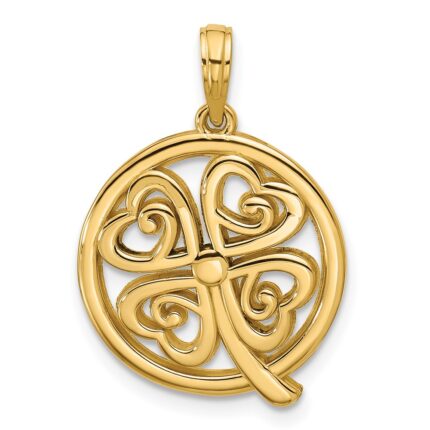 14K Polished Four Leaf Clover in Circle Pendant