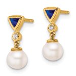 14K White Round Freshwater Cultured Pearl/.02 carat Diamond/Trillion Sapphire Dangle Post Earrings - Image 2