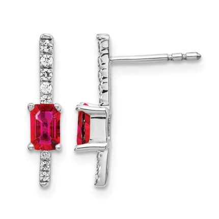 14k White Gold 5x3mm Emerald-cut Ruby and Diamond Post Earrings