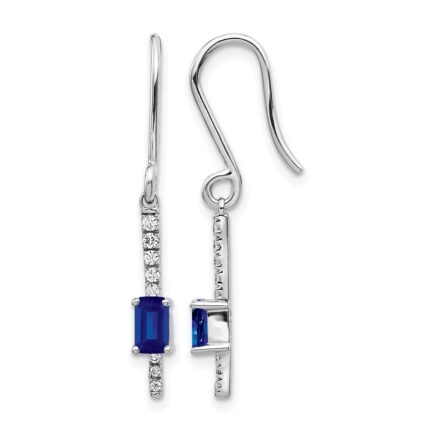 14k White Gold 4x3mm Emerald-cut Sapphire and Diamond Dangle Shepherd Hook Earrings