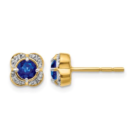 14k 4.1mm Round Sapphire and Diamond Fancy Square Post Earrings