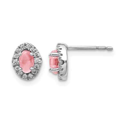 14k White Gold 5x3mm Oval Pink Tourmaline Cabochon and Diamond Halo Post Earrings