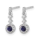 14k White Gold 3mm Round Sapphire Cabochon and Diamond Halo Dangle Post Earrings - Image 2