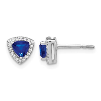 14k White Gold 4.5mm Trillion Sapphire and Diamond Halo Post Earrings