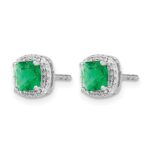 14k White Gold 5mm Cushion Emerald and Diamond Halo Post Earrings - Image 2
