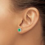 14k White Gold 5mm Cushion Emerald and Diamond Halo Post Earrings - Image 3