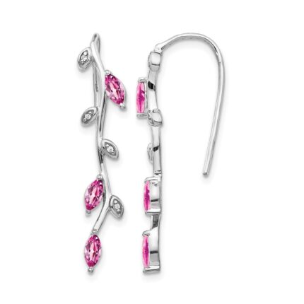 14k White Gold Diamond and Marquise Pink Sapphire Leaves Drop Wire Earrings