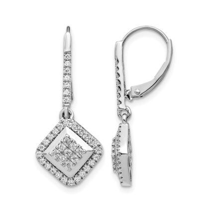 14k White Gold 1/2 carat Diamond Square Cluster Leverback Earrings